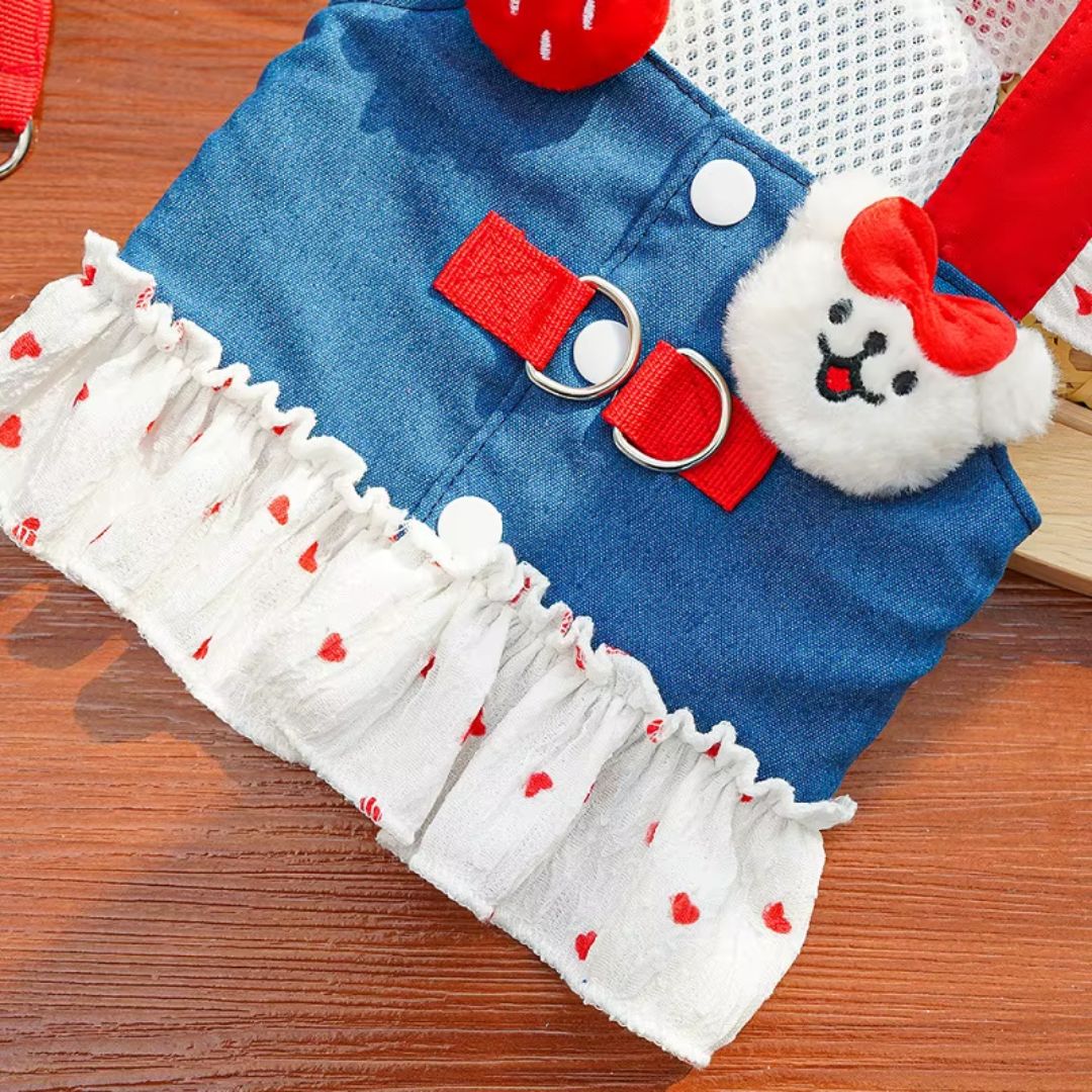 Coleira Peitoral com Saia Estilo Vestido para Cães e Gatos Pequenos | Ideal para Passeios ao Ar Livre com Segurança e Estilo | Com Estampa de Coração e Acompanha Guia