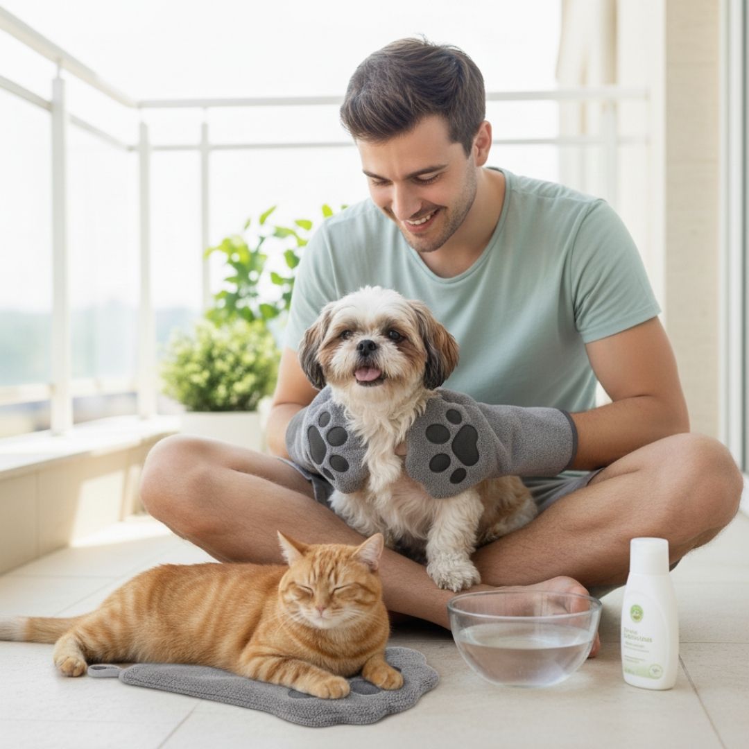 Luva Toalha de Banho para Pets – Microfibra Prática e Rápida