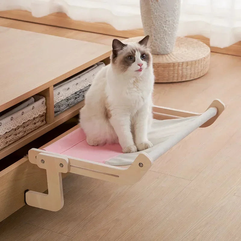 Rede Suspensa de Madeira para Gatos | Para Gatos de Todas as Idades | Oferece Conforto e Descanso Elevado | Design Durável com Lona de Algodão Lavável