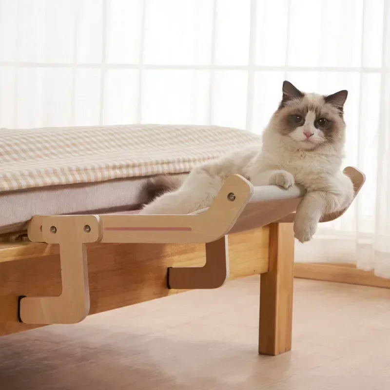 Rede Suspensa de Madeira para Gatos | Para Gatos de Todas as Idades | Oferece Conforto e Descanso Elevado | Design Durável com Lona de Algodão Lavável