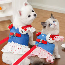 Coleira Peitoral com Saia Estilo Vestido para Cães e Gatos Pequenos | Ideal para Passeios ao Ar Livre com Segurança e Estilo | Com Estampa de Coração e Acompanha Guia