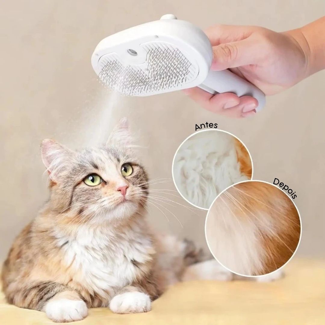 Escova Removedora de Pelos 3 em 1 com Vapor para Cães e Gatos – Pente, Spray e Alisador para Limpeza Profunda com Um Clique