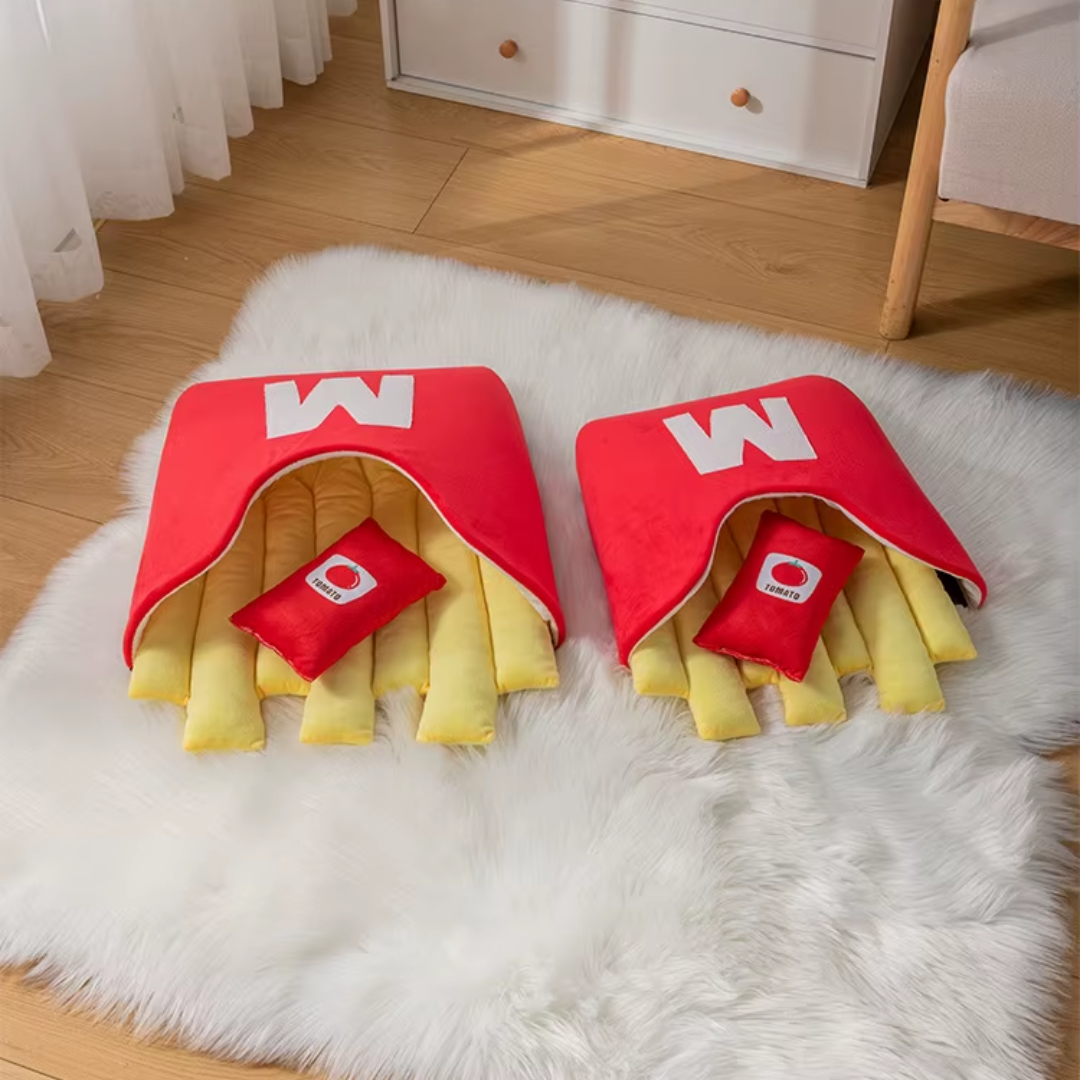 Cama Divertida em Formato de Batata Frita para Cães e Gatos | Ideal para Pets Pequenos e Médios | Oferece Conforto e Estilo Único | Design Temático e Lavável