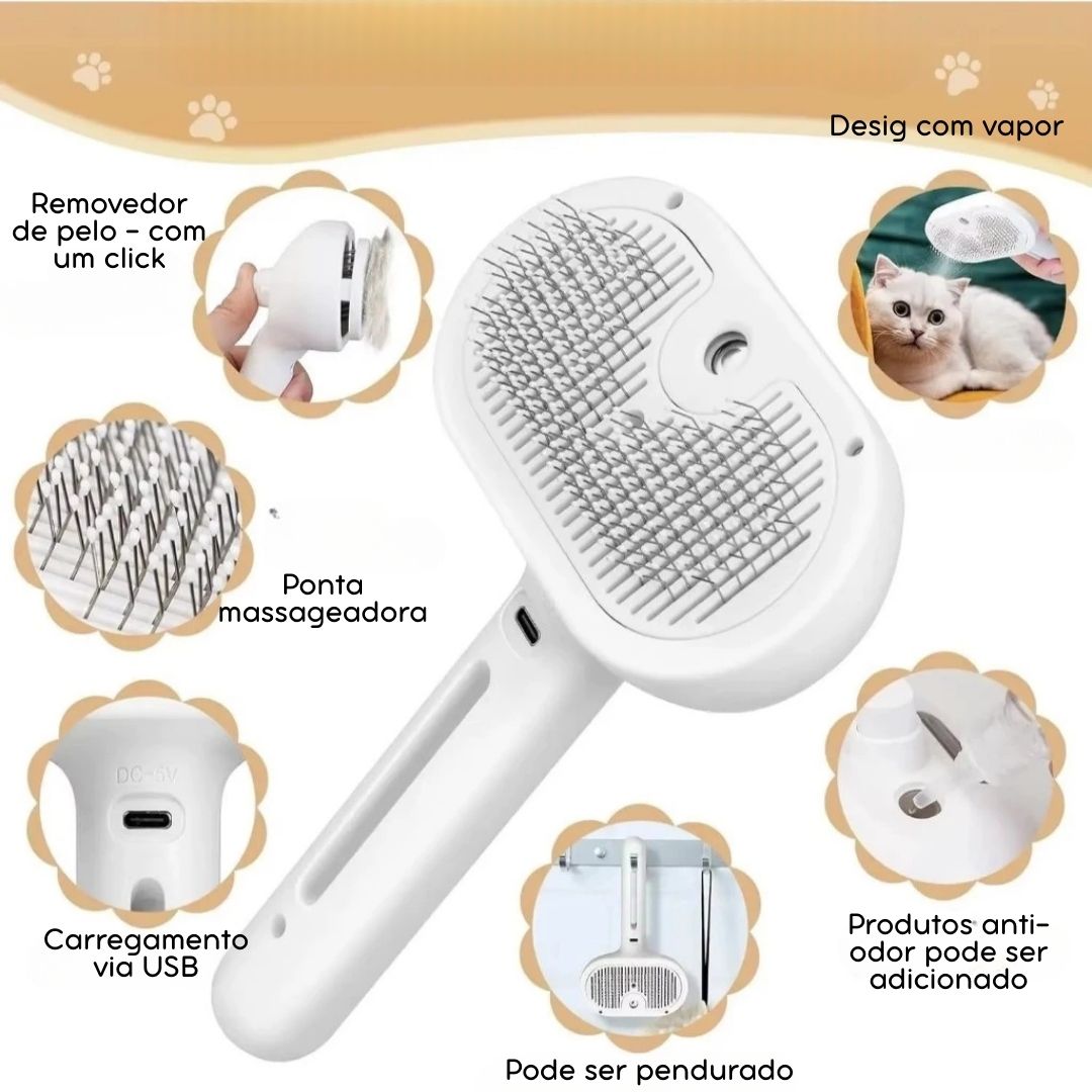 Escova Removedora de Pelos 3 em 1 com Vapor para Cães e Gatos – Pente, Spray e Alisador para Limpeza Profunda com Um Clique