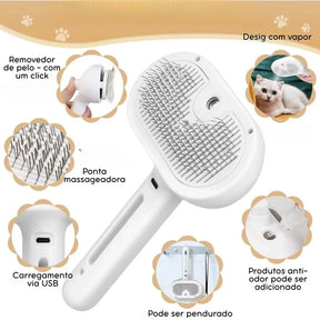 Escova Removedora de Pelos 3 em 1 com Vapor para Cães e Gatos – Pente, Spray e Alisador para Limpeza Profunda com Um Clique