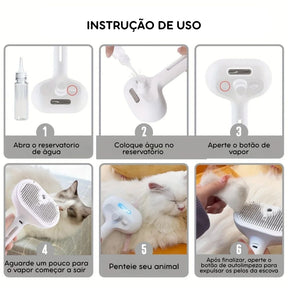Escova Removedora de Pelos 3 em 1 com Vapor para Cães e Gatos – Pente, Spray e Alisador para Limpeza Profunda com Um Clique