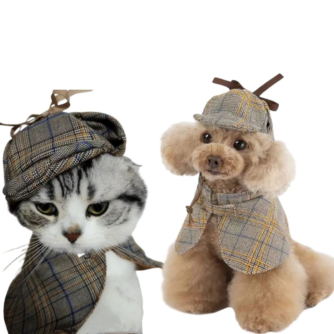 Fantasia de Detetive Xadrez com Chapéu para Pets: Estilo e Charme para Cães e Gatos - Confortável e Divertida