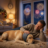 Protetor de ouvido anti-ruído Velú Pet, cão usando o protetor durante fogos de artifício