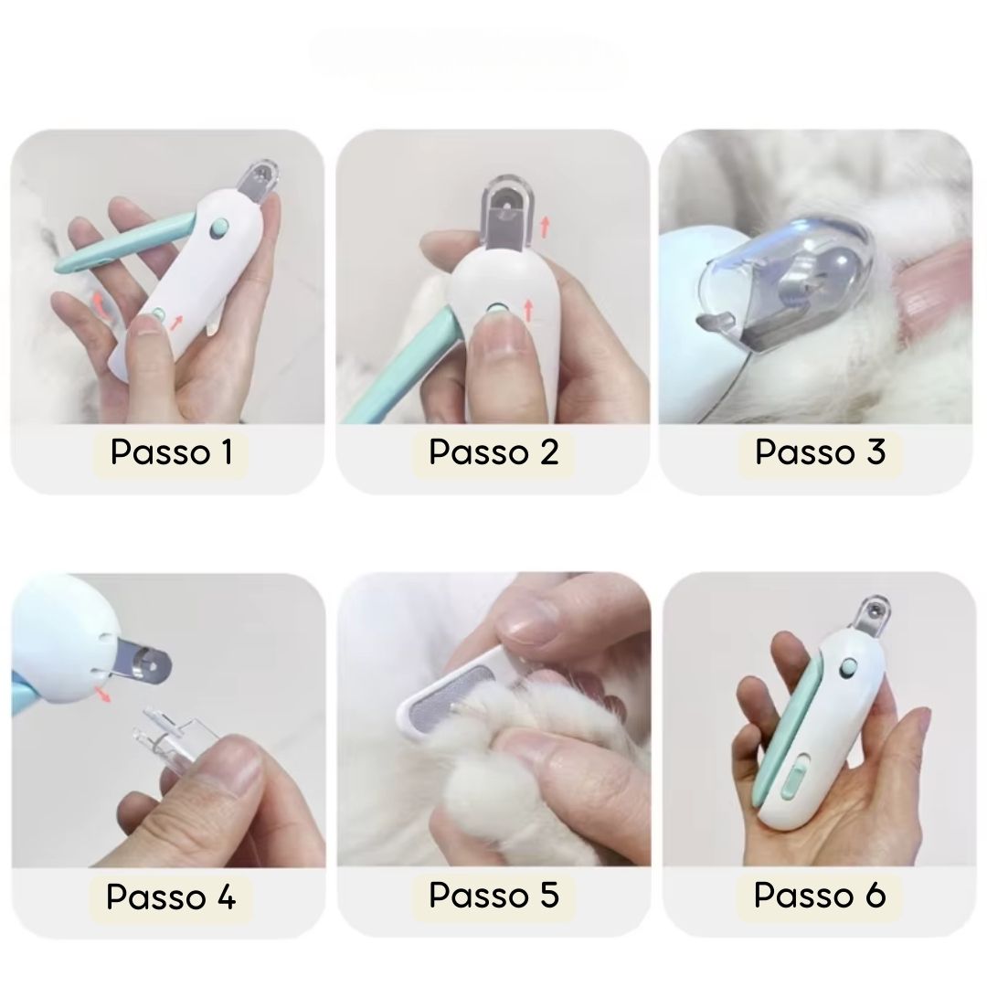 Aparador de Unhas com Luz LED e Reservatório para Gatos | Para Tutores que Cuidam da Higiene Pet | Facilita o Corte Seguro e Preciso das Unhas | Design Ergonômico com Níveis de Lâmina e Coletor de Resíduos
