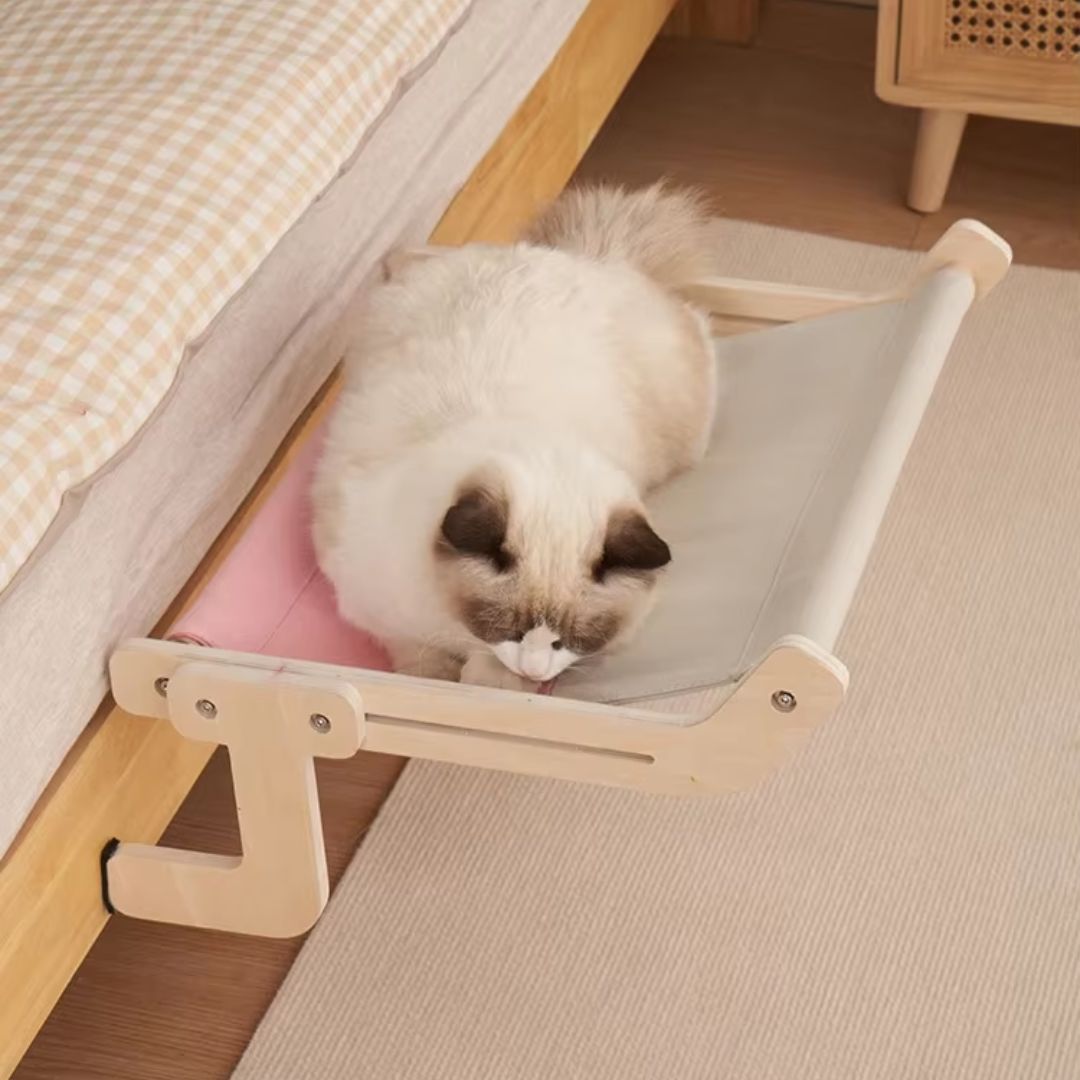 Rede Suspensa de Madeira para Gatos | Para Gatos de Todas as Idades | Oferece Conforto e Descanso Elevado | Design Durável com Lona de Algodão Lavável