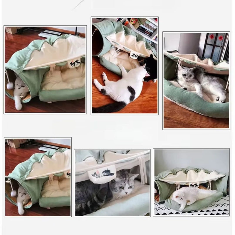 Túnel com Cama para Gatos | Ideal para Gatos Curiosos e Brincalhões | Oferece Diversão, Esconderijo e Conforto em Uma Só Peça | Fabricado com Material Macio e Acolchoado