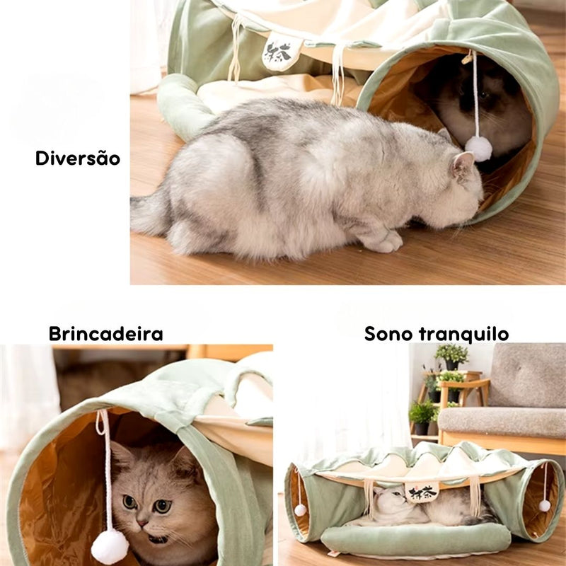 Túnel com Cama para Gatos | Ideal para Gatos Curiosos e Brincalhões | Oferece Diversão, Esconderijo e Conforto em Uma Só Peça | Fabricado com Material Macio e Acolchoado