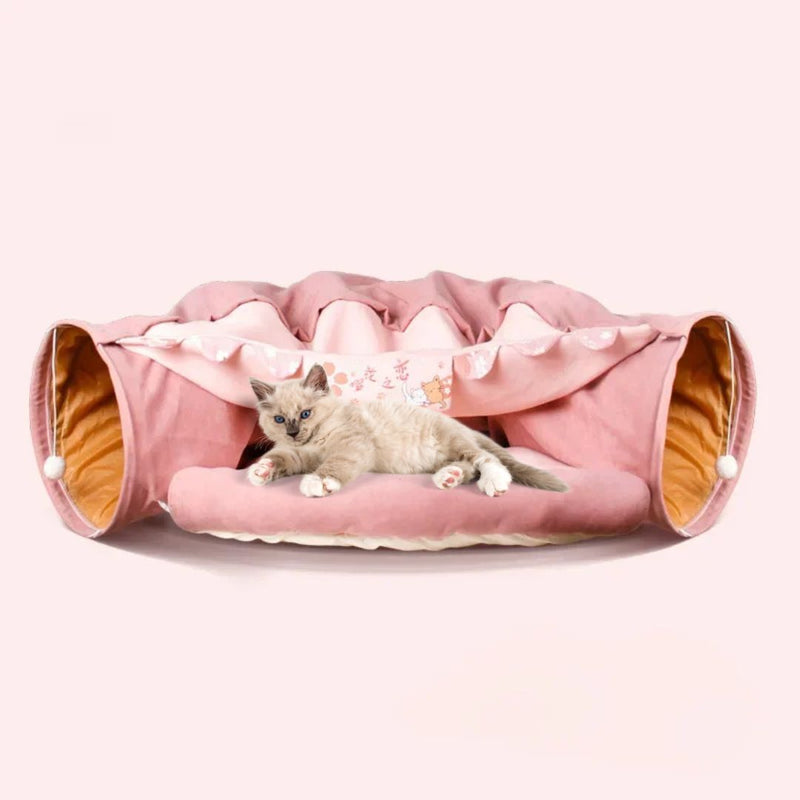 Túnel com Cama para Gatos | Ideal para Gatos Curiosos e Brincalhões | Oferece Diversão, Esconderijo e Conforto em Uma Só Peça | Fabricado com Material Macio e Acolchoado