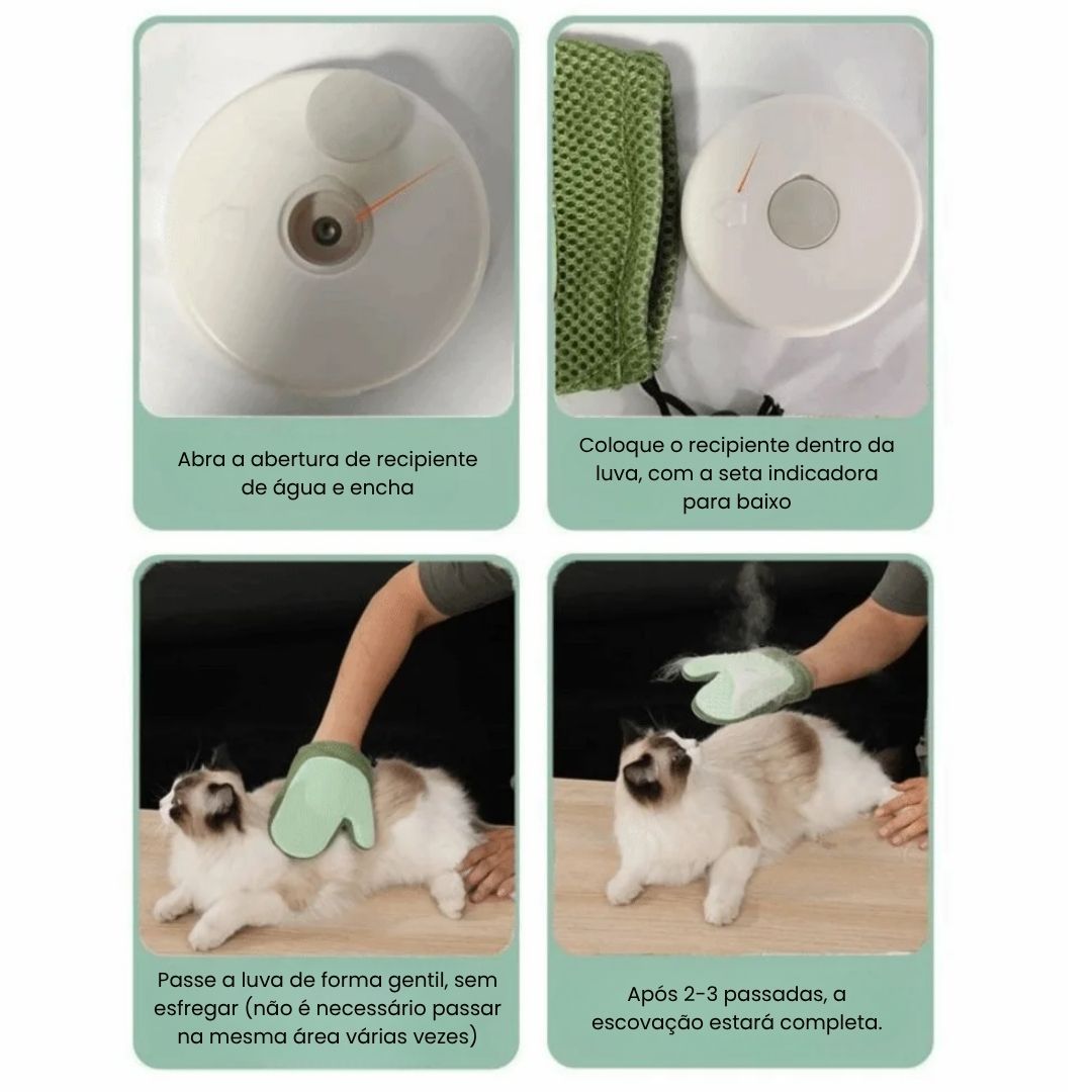 Luva Spray 4 em 1 para Gatos e Cães – Remove Pelos, Limpa, Massageia e Hidrata com Vapor
