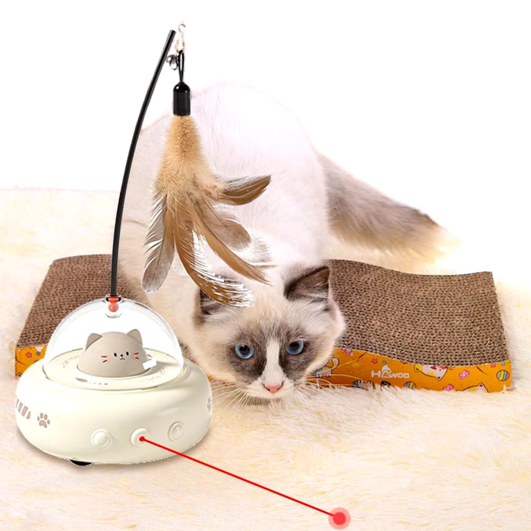 Brinquedo Interativo Automático para Gatos | Com Penas e Laser para Estimular a Caça | Movimentação Aleatória e Entretenimento Duradouro