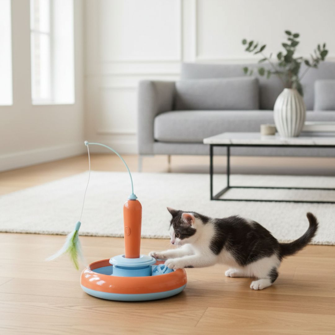 Brinquedo Interativo para Gatos Internos – Penas 360° Automáticas