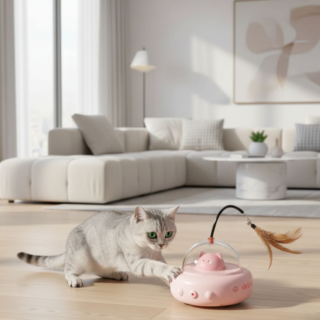 Brinquedo Interativo para Gatos – Penas e Laser com Movimentação Automática