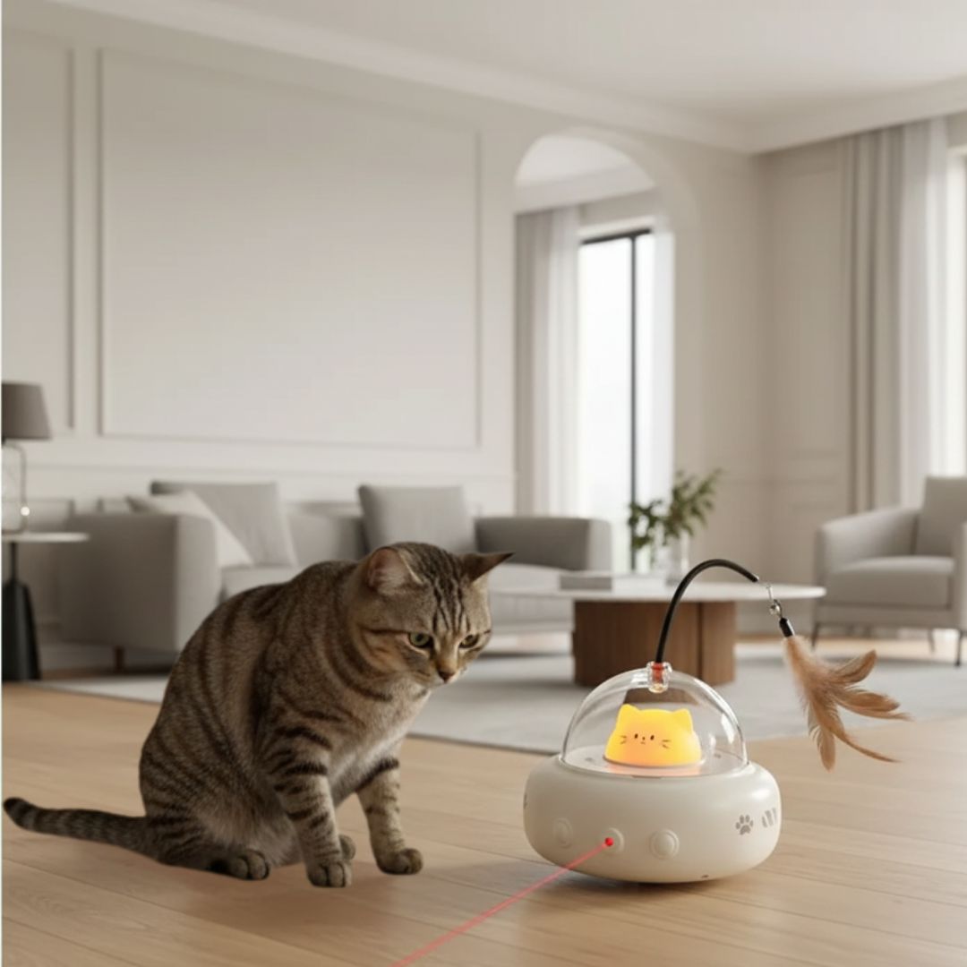 Brinquedo Interativo para Gatos – Penas e Laser com Movimentação Automática