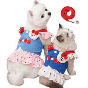 Coleira Peitoral com Saia Estilo Vestido para Cães e Gatos Pequenos | Ideal para Passeios ao Ar Livre com Segurança e Estilo | Com Estampa de Coração e Acompanha Guia