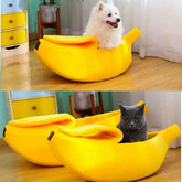 gato descansando dentro de cama fechada em formato de banana amarela