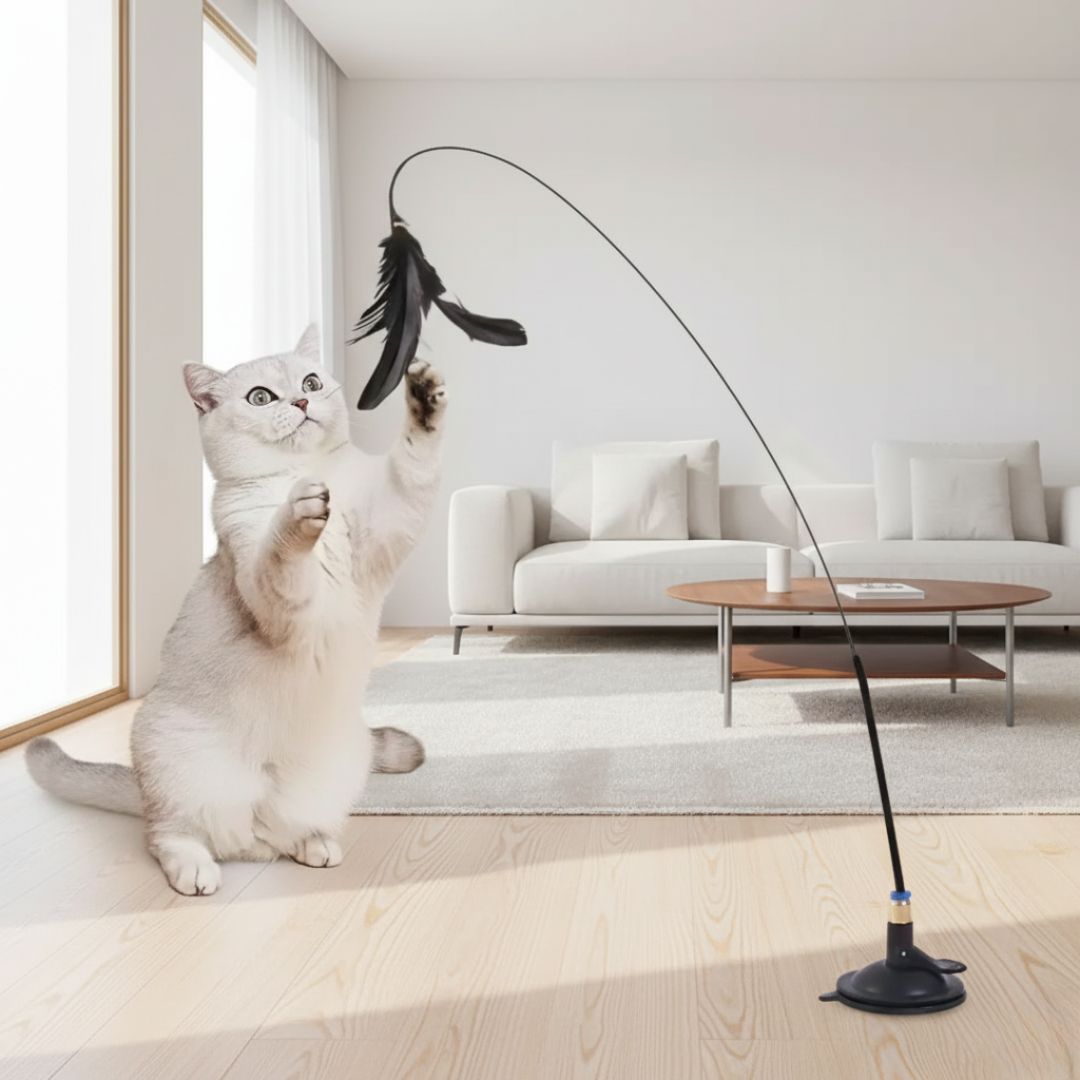 Haste Ventosa Interativa para Gatos – Com Penas para Estimulação e Diversão