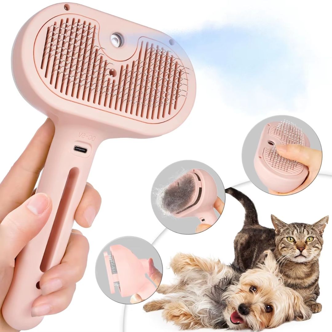 Escova Removedora de Pelos 3 em 1 com Vapor para Cães e Gatos – Pente, Spray e Alisador para Limpeza Profunda com Um Clique