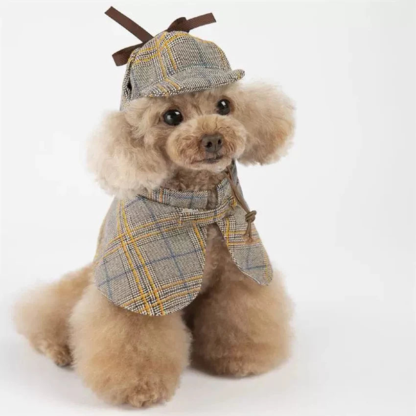 Fantasia de Detetive Xadrez com Chapéu para Pets: Estilo e Charme para Cães e Gatos - Confortável e Divertida