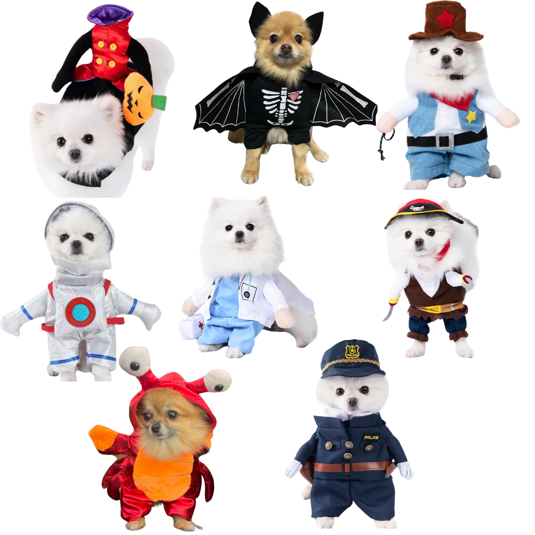 Fantasias para Cães e Gatos | Para Pets de Todos os Tamanhos | Perfeitas para Festas e Fotos | Modelos como Médico, Policial, Astronauta, Cowboy, Pirata, Morcego, Caranguejo e Mula sem Cabeça | Confortáveis, Criativas e Ajustáveis