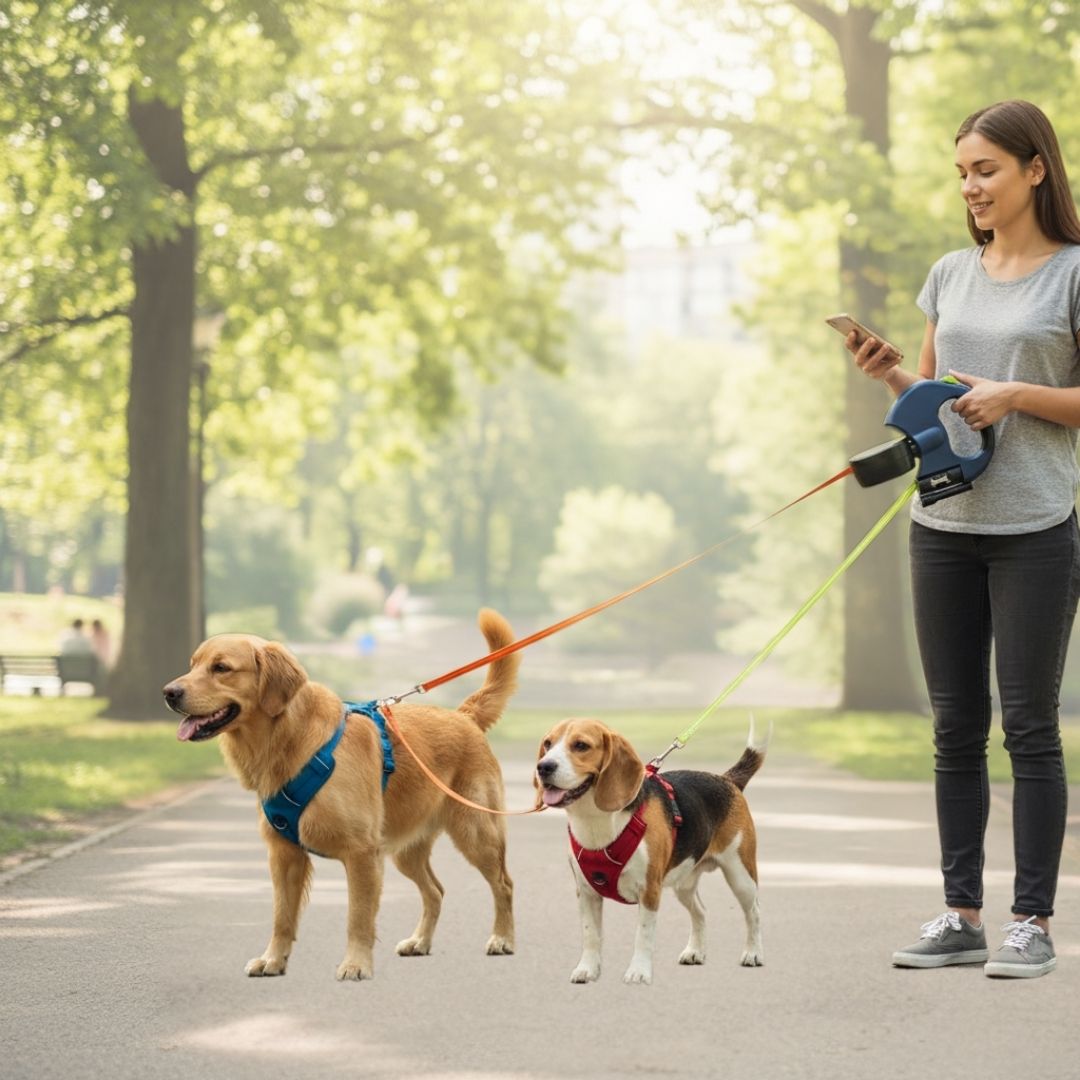 Passeie com 2 cães usando apenas 1 guia. Mais liberdade, zero confusão. Guia Dupla Multifuncional com lanterna e porta-saco.