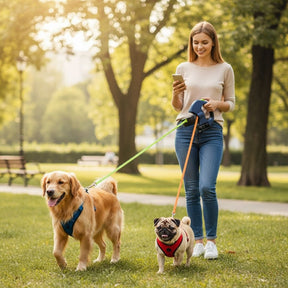 Passeie com 2 cães usando apenas 1 guia. Mais liberdade, zero confusão. Guia Dupla Multifuncional com lanterna e porta-saco.