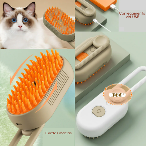 Escova Vaporizadora para Pets – Ideal para Cães e Gatos, Remove Nós e Hidrata com Vapor