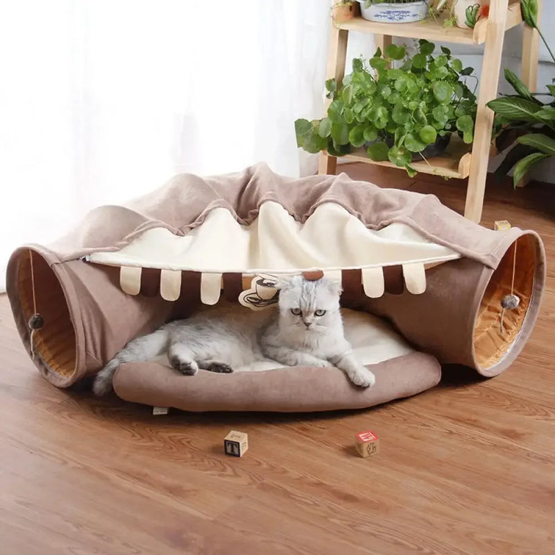 Túnel com Cama para Gatos | Ideal para Gatos Curiosos e Brincalhões | Oferece Diversão, Esconderijo e Conforto em Uma Só Peça | Fabricado com Material Macio e Acolchoado