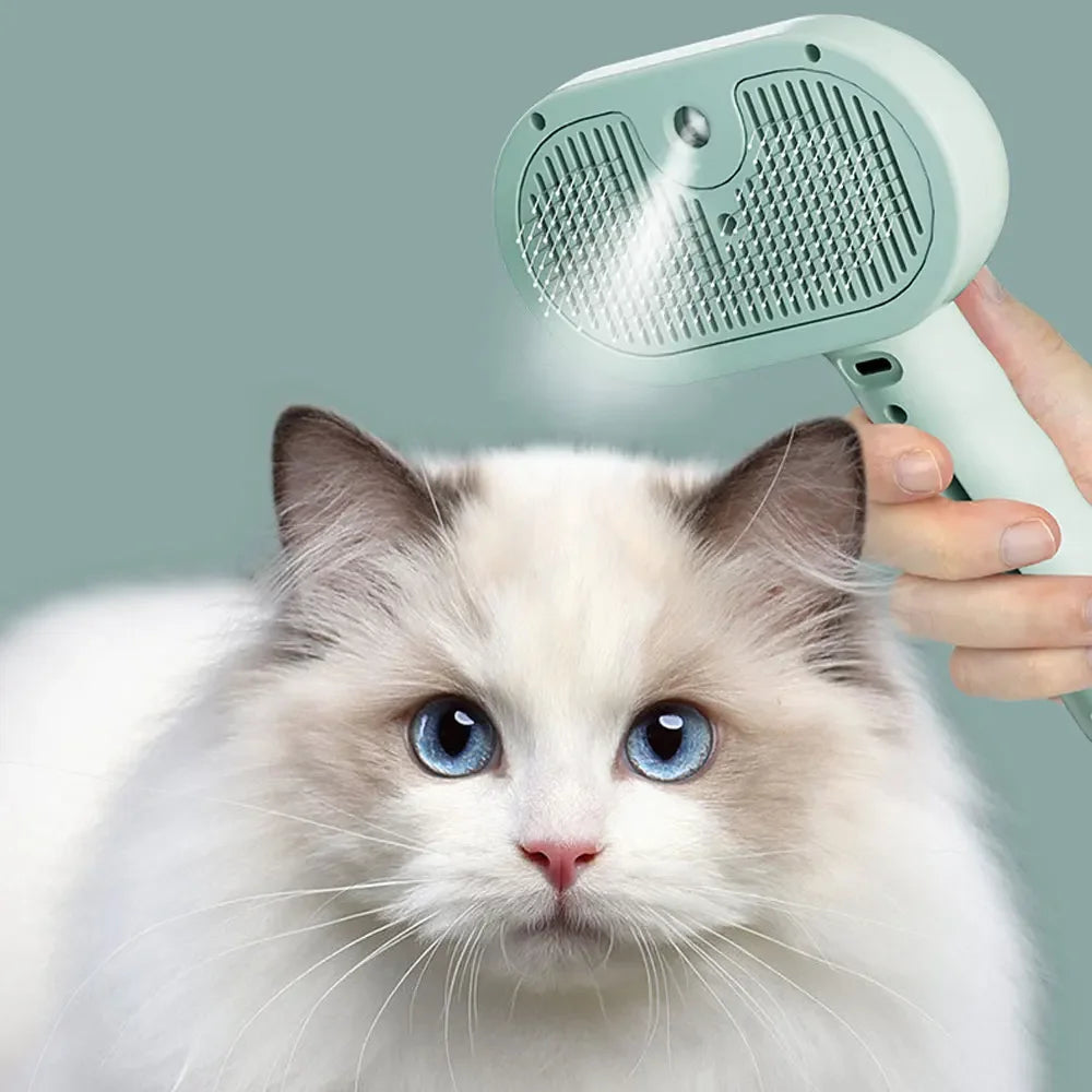 Escova Removedora de Pelos 3 em 1 com Vapor para Cães e Gatos – Pente, Spray e Alisador para Limpeza Profunda com Um Clique