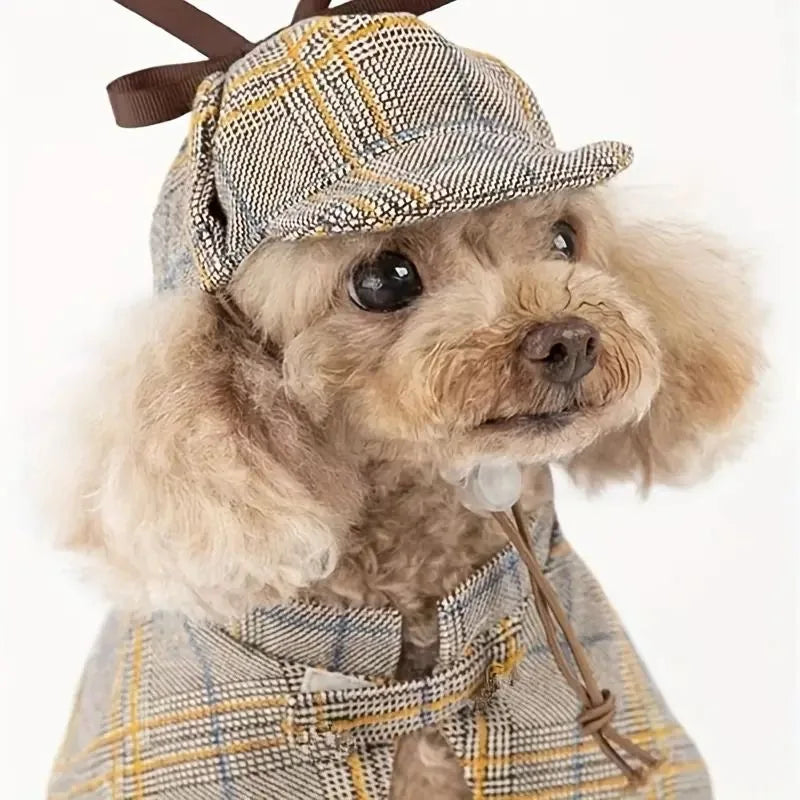 Fantasia de Detetive Xadrez com Chapéu para Pets: Estilo e Charme para Cães e Gatos - Confortável e Divertida