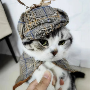Fantasia de Detetive Xadrez com Chapéu para Pets: Estilo e Charme para Cães e Gatos - Confortável e Divertida