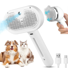 Escova Removedora de Pelos 3 em 1 com Vapor para Cães e Gatos – Pente, Spray e Alisador para Limpeza Profunda com Um Clique