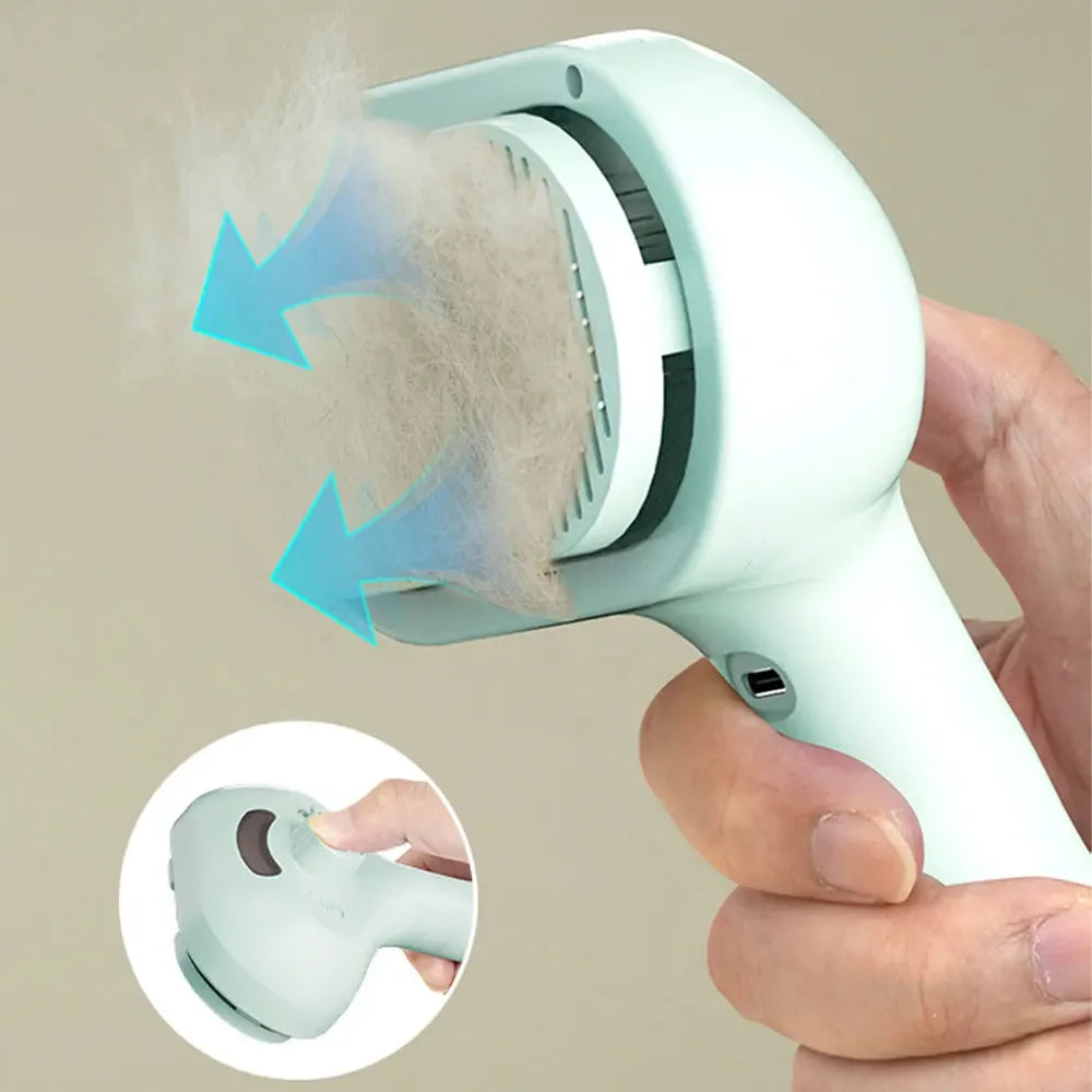 Escova Removedora de Pelos 3 em 1 com Vapor para Cães e Gatos – Pente, Spray e Alisador para Limpeza Profunda com Um Clique