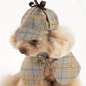 Fantasia de Detetive Xadrez com Chapéu para Pets: Estilo e Charme para Cães e Gatos - Confortável e Divertida