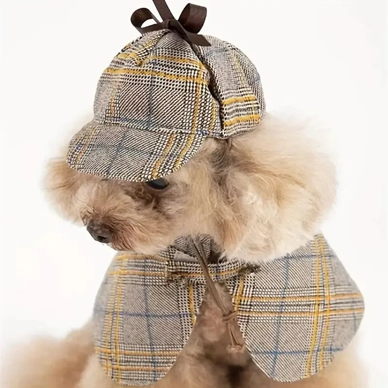 Fantasia de Detetive Xadrez com Chapéu para Pets: Estilo e Charme para Cães e Gatos - Confortável e Divertida
