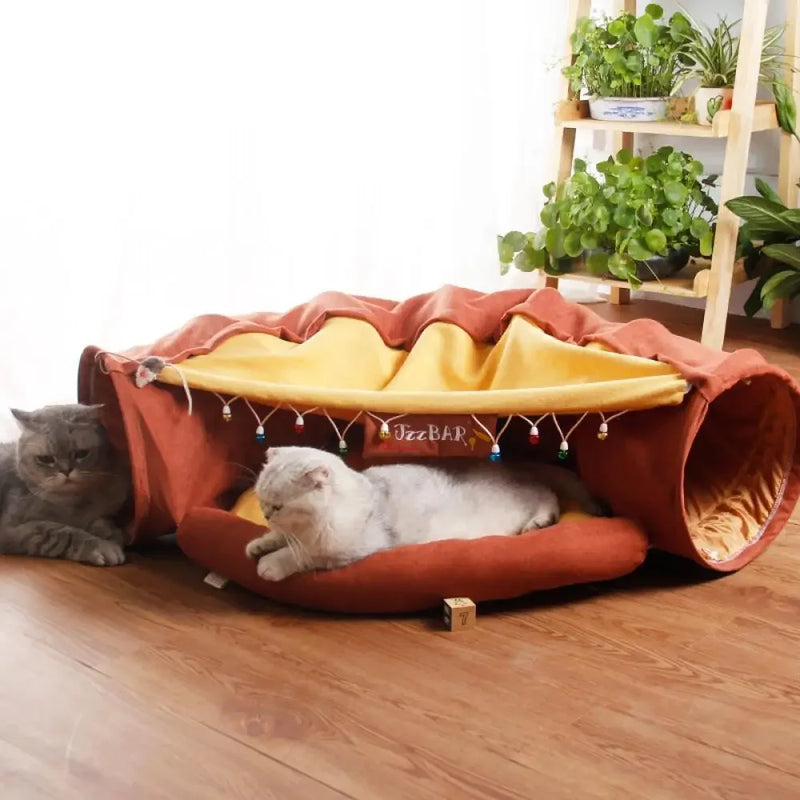 Túnel com Cama para Gatos | Ideal para Gatos Curiosos e Brincalhões | Oferece Diversão, Esconderijo e Conforto em Uma Só Peça | Fabricado com Material Macio e Acolchoado